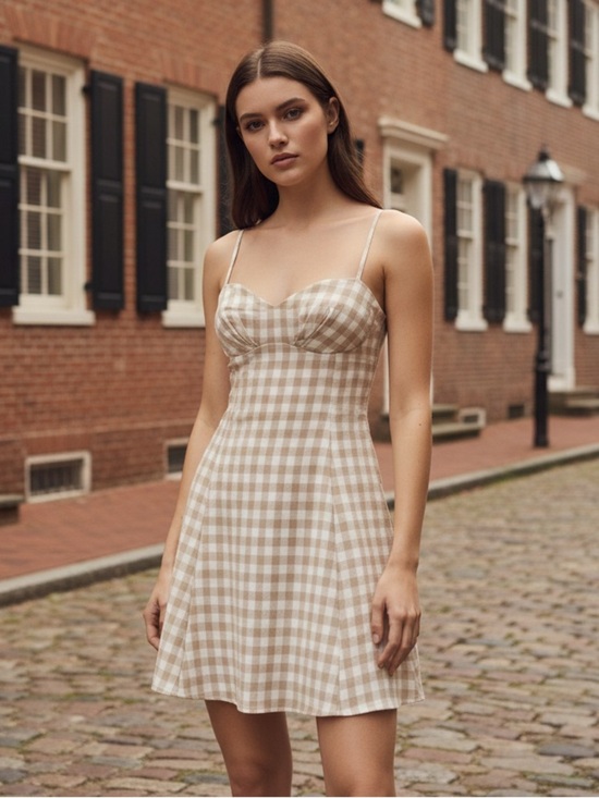 Promesa Dresses & Skirts - Promesa Gingham Checkered Cream & Oatmeal Mini Dress With Sweetheart Neckline